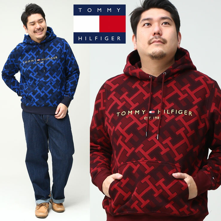 トミーヒルフィガー パーカー 大きいサイズ メンズ 裏起毛 総柄 プルオーバー MONOGRAM LOGO HOODY プルパーカー レッド ネイビー 1XL 2XL 3XL TOMMY HILFIGER