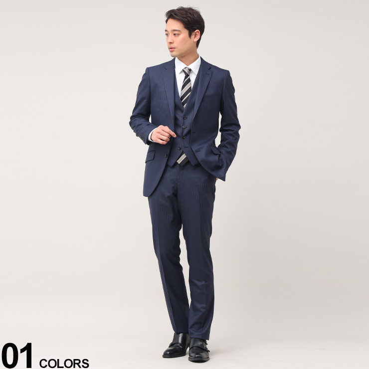 FICCE TOKYO フィッチェ ウール混 ベスト付き ストライプ シングル ローライズパンツ スーツ メンズ ビジネス 紳士 スーツ メンズスーツ ベスト スリーピース 231057NT