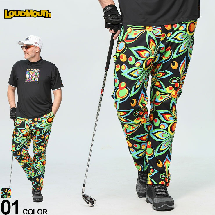 LOUDMOUTH ラウドマウス ゴルフパンツ ストレッチ UV加工 ツイル ボタニカル柄 ロングパンツ ボトムス スポーツ 大きいサイズ メンズ 黒Shagadelic Black シャガデリックブラック