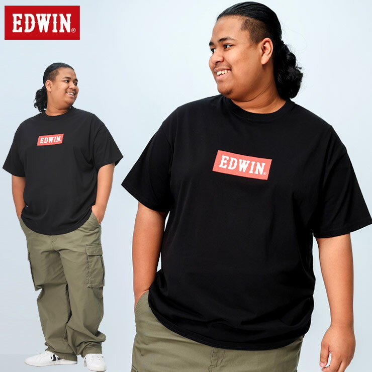 EDWIN エドウィン 半袖 Tシャツ BOXロゴ プリント クルーネック トップス カットソー 大きいサイズ メンズ 3L 4L 5L 黒