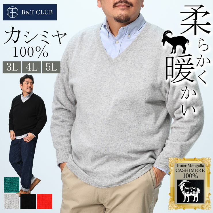 カシミヤ100% セーター 3L 4L 5L 大きいサイズ メンズ B&T CLUB ビーアンドティークラブ 無地 Vネック トップス ニット 長袖 秋冬黒 無...
