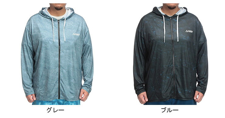 GERRY ジェリー 水着 ラッシュガード 大きいサイズ メンズ ストレッチ 総柄 フルジップ ラッシュパーカー トップス フード レジャー 3L 4L 5L 6L グレー ブラック