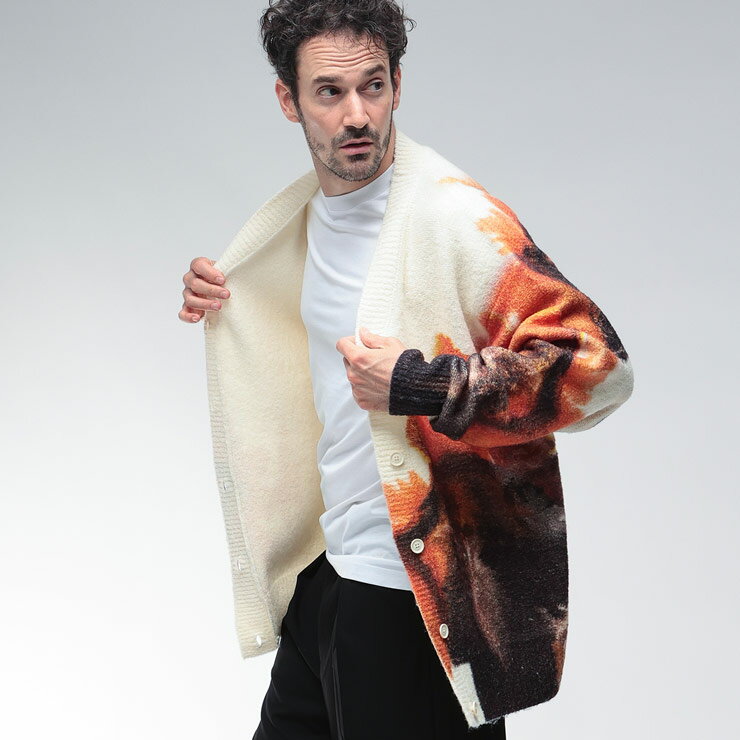 ワイスリー カーディガン トップス Y-3 メンズ ニット グラフィック ニットカーデ Vネック ウール 長袖 柄 ロゴパッチ Y3JX7333 ブランド カジ...