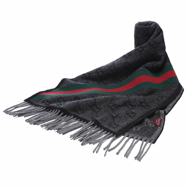 グッチ マフラー メンズ GUCCI GG ロゴ シェリーライン 総ロゴ ウール ライン フリンジ マフラー スト..