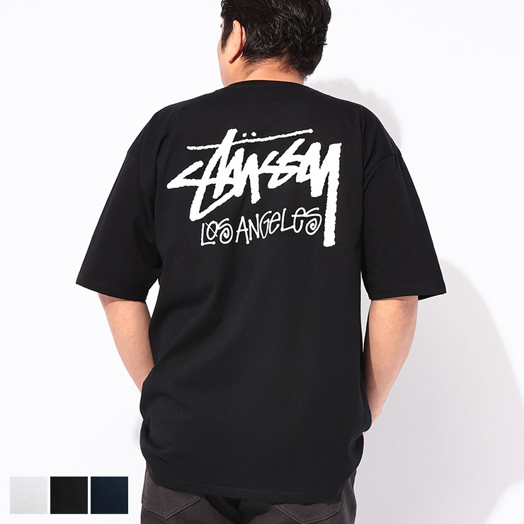 STUSSY ステューシー 半袖Tシャツ 2XL バックロゴプリント STOCK LOS ANGELES TEE トップス 大きいサイズ メンズ ホワイト ブラック ネイビー
