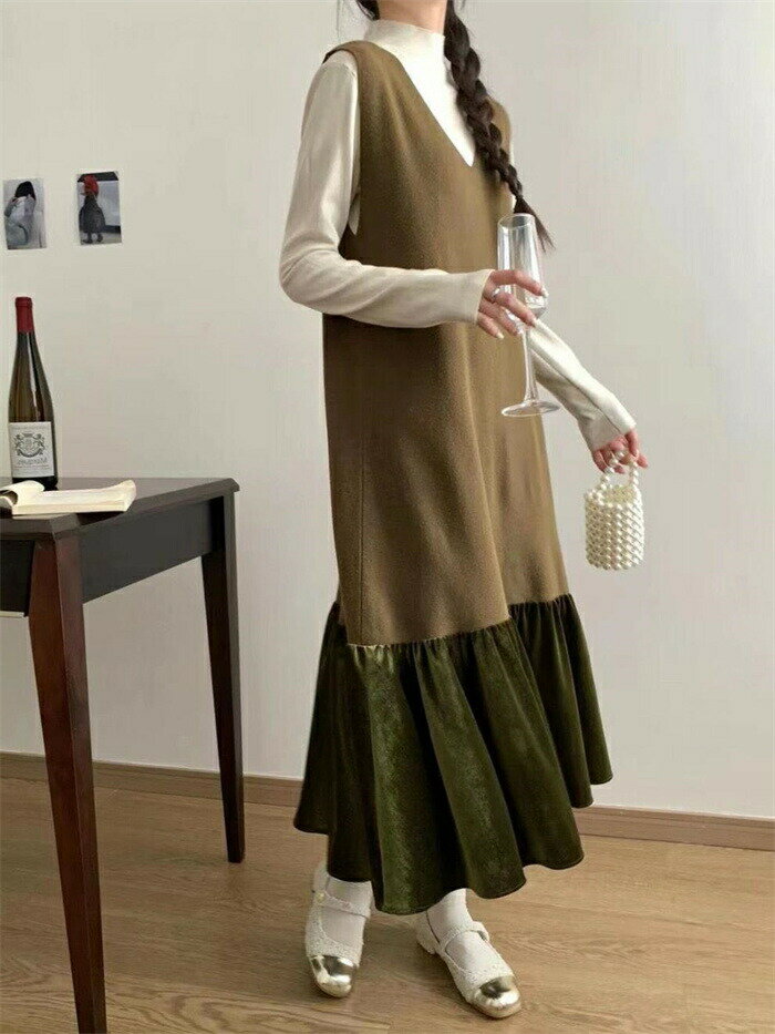 ジャンパースカート レディース ベロア 切替 ロングワンピース フレア ニットジャンパースカート Vネック Aライン 大人 サロペットスカート ジャンスカ 春秋冬 ノースリーブ 通勤 オフィス OL レイヤード 重ね着 女性 キレイめ 大人可愛い 送料無料