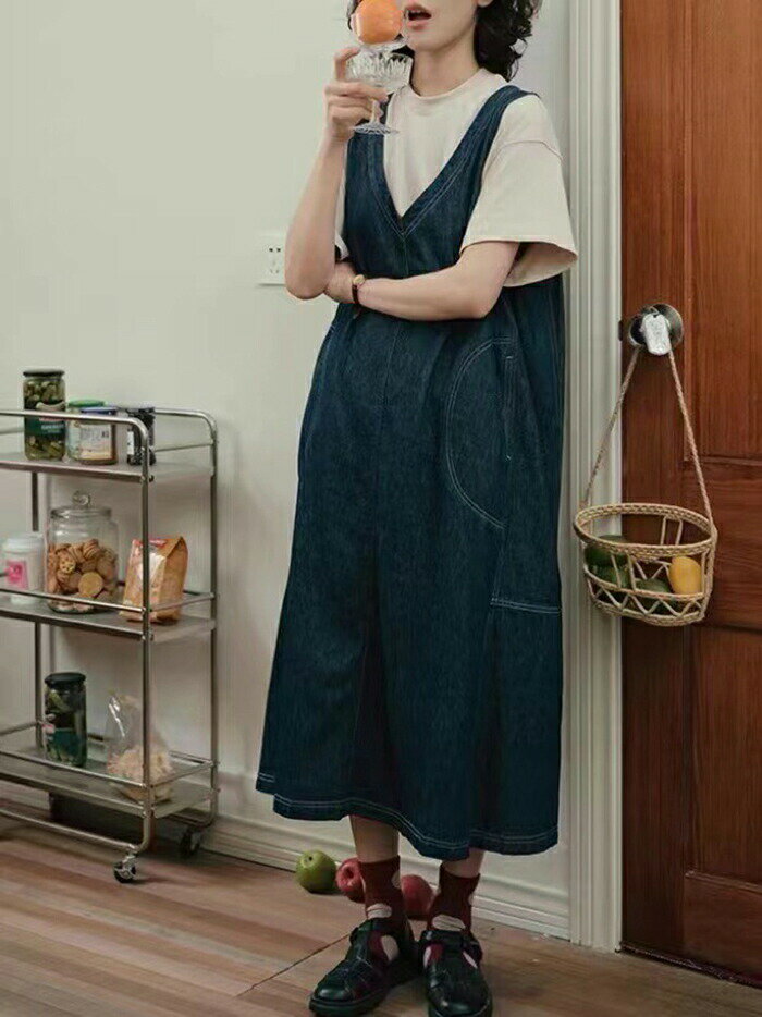 ジャンパースカート ワンピース レディース Vネック サロペット デニム デニムワンピース ロングワンピース 秋冬 大人可愛い 無地 ミモレ丈 ノースリーブワンピース ベストワンピース 重ね着 ポケット付き シンプル カジュアル 春 秋 冬 ブルー 送料無料