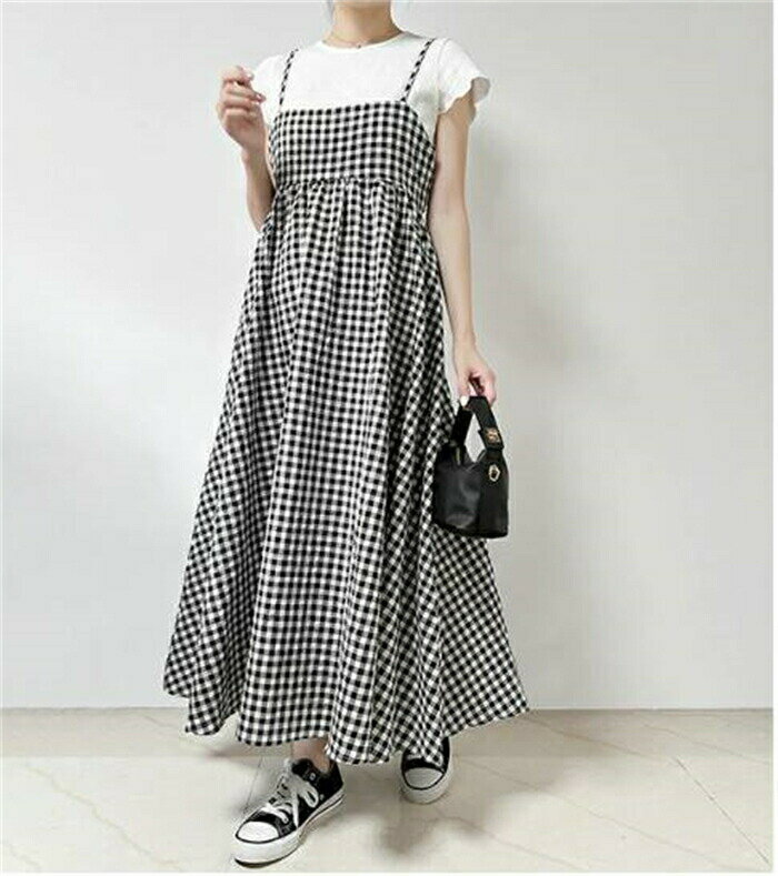 ワンピース キャミワンピース 夏 レディース ジャンパースカート ロングワンピ ギンガムチェック ミモレ丈 きれいめ ロング サロペットスカート フレアワンピース Aライン 大きいサイズ ゆったり キャミ チェック 大人カジュアル 送料無料