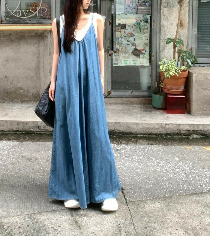 デニムジャンパースカート 夏 キャミワンピース レディース ロングワンピース Aライン マキシ丈ワンピース ロング丈 Vネック ロングデニムワンピース デニムキャミワンピース 大きいサイズ 体型カバー ゆったり 大人女子 カジュアル 送料無料