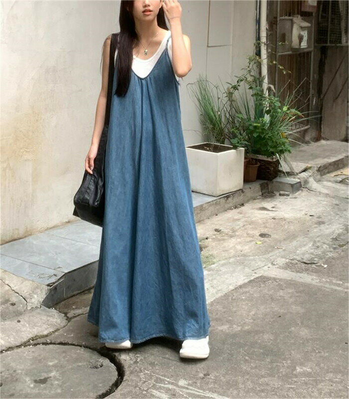 デニムジャンパースカート 夏 キャミワンピース レディース ロングワンピース Aライン マキシ丈ワンピース ロング丈 Vネック ロングデニムワンピース デニムキャミワンピース 大きいサイズ 体型カバー ゆったり 大人女子 カジュアル 送料無料
