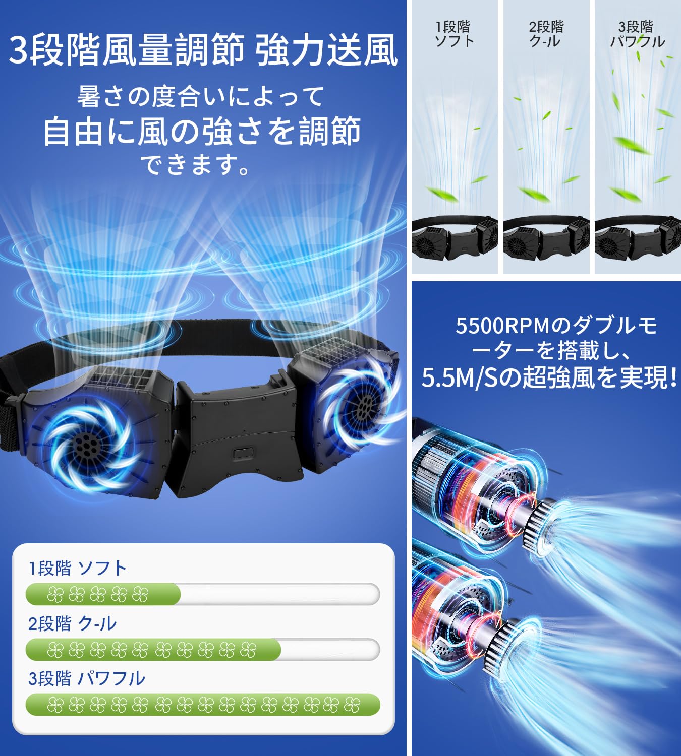 【楽天ス一パ一セ一ル】腰掛け扇風機携帯扇風機 大容量 強風 ポータブルファン 汗を吹き飛ばす ダブル..