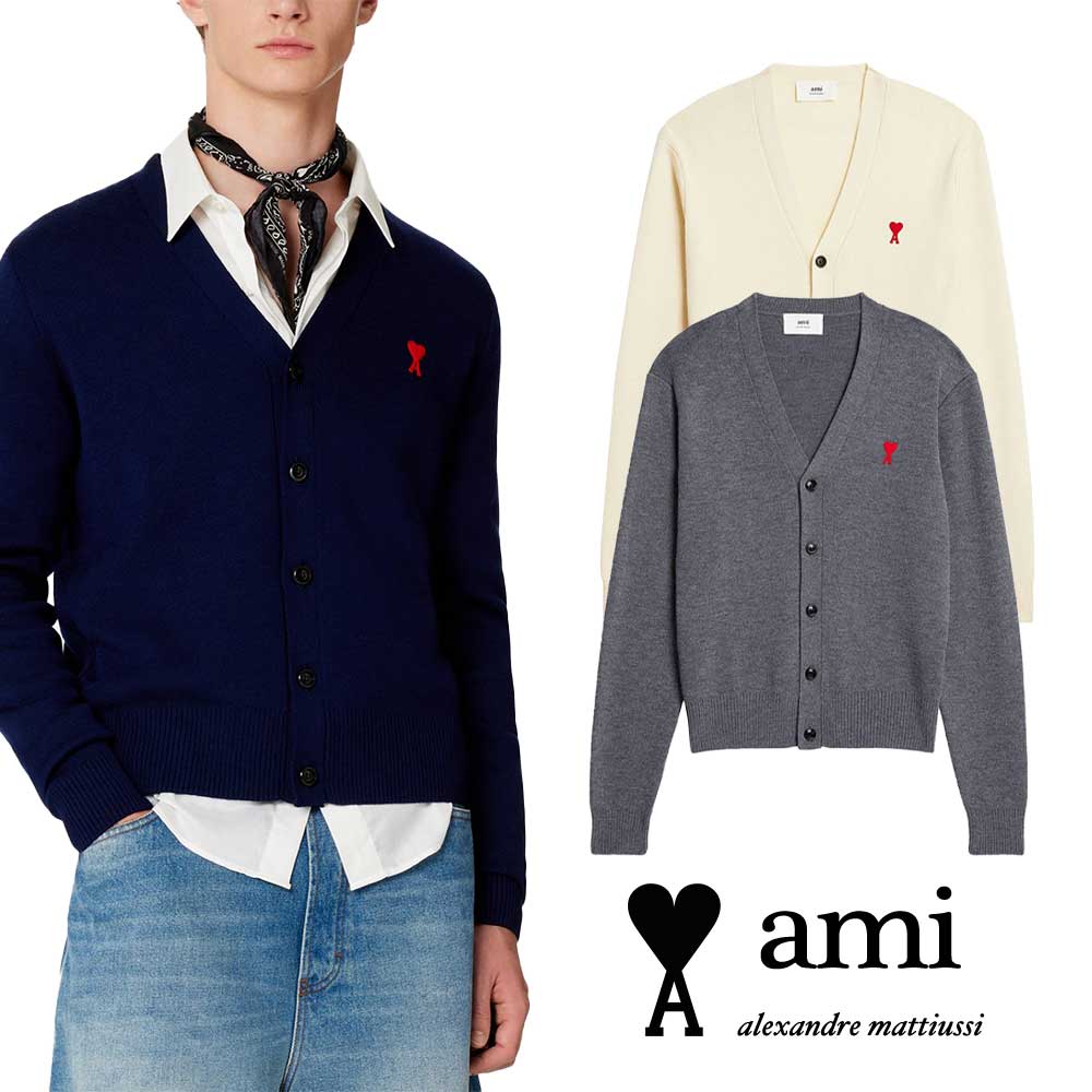 AMI PARIS｜アミパリス ハートロゴ入り MEN'S メリノウール カーディガン HKC001.001 男女兼用 メンズ..