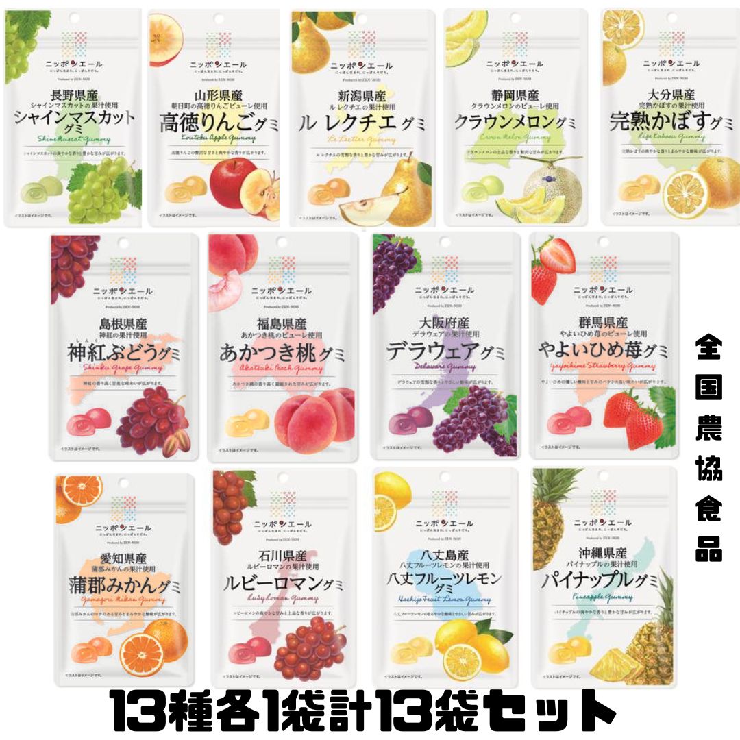 全農 ご当地 グミ 13種各1袋計13袋セット 山形県産 新潟県産 大分県産 島根県産 福島県産 大阪府産 群馬県産 愛知県産 石川県産 八丈島産 沖縄県産 ニッポンエール モントワール セット アソート 食べ比べ　全国農協食品のサムネイル