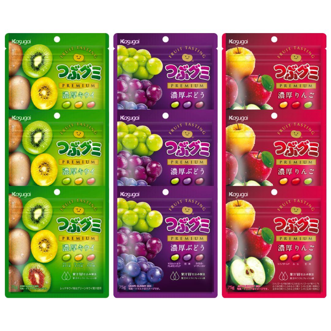 つぶグミプレミアム 3種各3個計9個セット プレミアム濃厚キウイ プレミアム濃厚ぶどう プレミアム濃厚りんご 春日井製菓 キウイ ぶどう りんご グミ　詰め合わせ　お菓子のサムネイル