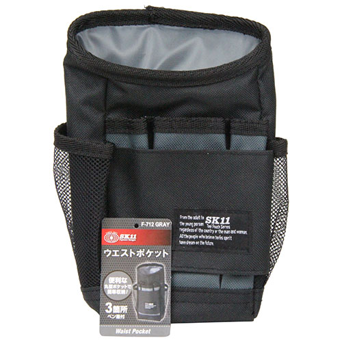 用途携帯用品の収納。丸型ポケットタイプです。3箇所のペン差付きです。仕様1●サイズ：幅150×高さ200×奥行60mm。●カラー：グレー。●重量：160g。●55mm幅ベルトまで対応。材質1●ポリエステル。