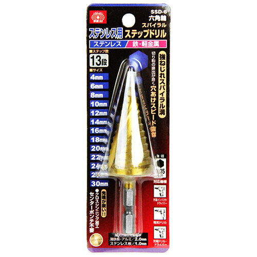 用途ステンレス板・薄鉄板(一般鋼)・アルミなどの穴あけ・穴拡大・バリ取り作業。独自の刃先角度設計により切削抵抗を軽減し、バッテリー効率が良く充電インパクトドライバーでの使用に最適です。刃先シンニング加工により、材料への食いつきが良くセンターポンチ不要です。チタンコーティング仕様により耐熱性に優れ、長寿命です。仕様1●サイズ：4・6・8・10・12・14・16・18・20・22・24・27・30mm。●6.35mm六角軸。●段数：13段。●最大穴あけ可能板厚：薄鉄板、アルミ2.0mm以下。●最大穴あけ可能板厚：ステンレス板1.0mm以下。●対応機種：充電インパクトドライバー・充電ドリルドライバー・電気ドリル。材質1●ドリル：コバルトハイス鋼。