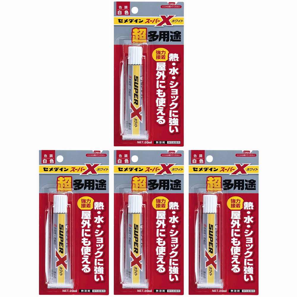 セメダイン - 超多用途接着剤 スーパーX ホワイト(20ml) - AX-022 特長 ●屋外使用に耐える、抜群の耐久性。驚きの耐熱性（-40℃20℃）・耐水性・耐衝撃性。万能に限りなく近づいたスーパーXシリーズの標準タイプ。●仮止め不要の簡単接着で安心の完全無溶剤、100％固形分なので凹凸面への接着もOK。●ホワイト・クリア・ブラックの3色で、つける物や使うシーンにあわせてお選びいただけます。 仕様 ●変成シリコーン樹脂 ご注意 ●用途以外に使用しない。セメダイン - 超多用途接着剤 スーパーX ホワイト(20ml) - AX-022 特長 ●屋外使用に耐える、抜群の耐久性。驚きの耐熱性（-40℃20℃）・耐水性・耐衝撃性。万能に限りなく近づいたスーパーXシリーズの標準タイプ。●仮止め不要の簡単接着で安心の完全無溶剤、100％固形分なので凹凸面への接着もOK。●ホワイト・クリア・ブラックの3色で、つける物や使うシーンにあわせてお選びいただけます。 仕様 ●変成シリコーン樹脂 ご注意 ●用途以外に使用しない。