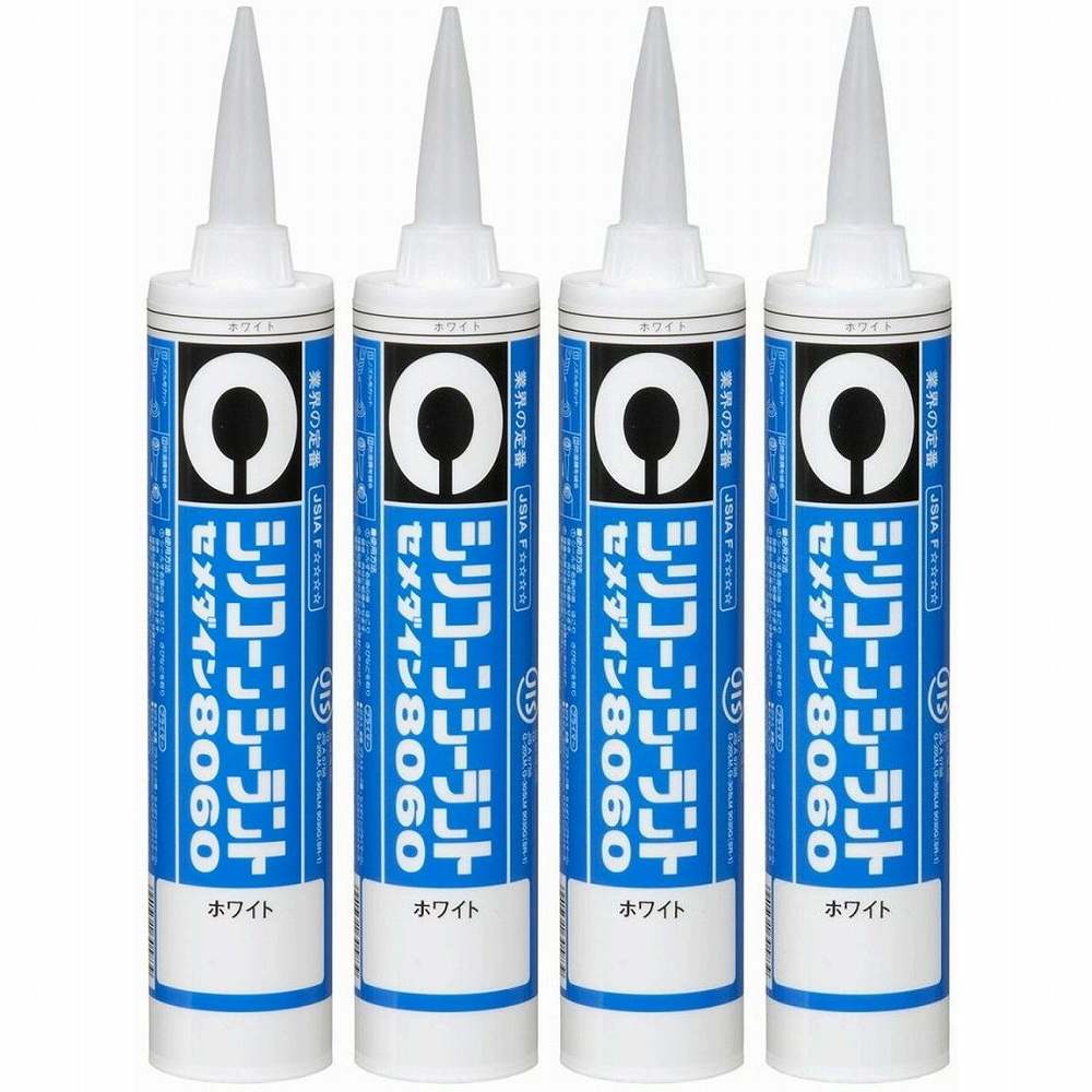 セメダイン - シリコーンシーラント セメダイン8060 ホワイト(330ml) - SR-047 特長 ●抜群の防水性能。●耐候性・耐熱性・耐寒性・耐水性などに優れています。●各種金属・ガラス・コンクリート・木材・プラスチックなどに良く接着します。●カートリッジから押出しやすく、垂れがないため仕上げも簡単にできます。●建築：ガラス・サッシまわり、ガラスサスペンション工法、長尺屋根の突き合せ、室内間仕切り・化粧目地などのシール電気機器・絶縁シール、ケーブルなどの端末処理。●その他：車両、船舶、冷蔵庫などの目地のシール、ガス管や下水道管の継ぎ目、エンジン各部のシール、ガラス水槽や池の目地のシール、一般家庭での各種すき間シール。 仕様 ●シリコーン樹脂 ご注意 ●用途以外に使用しない。セメダイン - シリコーンシーラント セメダイン8060 ホワイト(330ml) - SR-047 特長 ●抜群の防水性能。●耐候性・耐熱性・耐寒性・耐水性などに優れています。●各種金属・ガラス・コンクリート・木材・プラスチックなどに良く接着します。●カートリッジから押出しやすく、垂れがないため仕上げも簡単にできます。●建築：ガラス・サッシまわり、ガラスサスペンション工法、長尺屋根の突き合せ、室内間仕切り・化粧目地などのシール電気機器・絶縁シール、ケーブルなどの端末処理。●その他：車両、船舶、冷蔵庫などの目地のシール、ガス管や下水道管の継ぎ目、エンジン各部のシール、ガラス水槽や池の目地のシール、一般家庭での各種すき間シール。 仕様 ●シリコーン樹脂 ご注意 ●用途以外に使用しない。