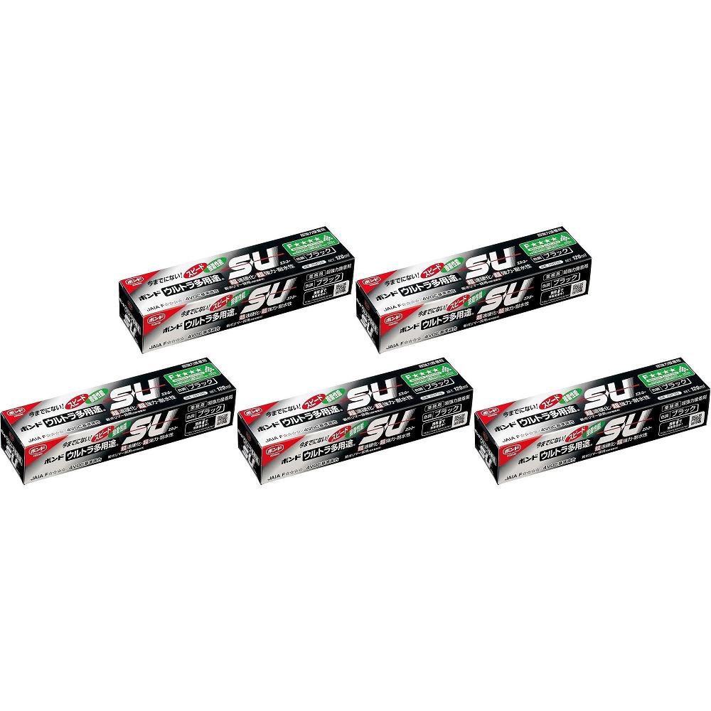 コニシ - ボンド ウルトラ多用途 SU ブラック(120ml) 特長 ●健康住宅対応、高機能、耐衝撃、弾力性、超速硬化、超強力、用途広い、無溶剤、、耐水性。●金属・硬質プラスチック・木材・コンクリートの強力接着。●広範囲の材料に使える。●屋内外・凹凸面・水まわりでの接着と補修。●靴やバッグ・自動車部品の接着。●膨張係数の異なる材料同士の接着。●フックや表札・プレートなど壁面への接着。 仕様 ●成分：シリル化ウレタン樹脂系無溶剤形 ご注意 ●用途以外には使用しないで下さい。●目立たない箇所であらかじめ試してからご使用ください。●幼児の手の届くところに置かないでください。●高温多湿、直射日光のあたる所に保管しないでください。●注意事項を必ずお読み下さい。コニシ - ボンド ウルトラ多用途 SU ブラック(120ml) 特長 ●健康住宅対応、高機能、耐衝撃、弾力性、超速硬化、超強力、用途広い、無溶剤、、耐水性。●金属・硬質プラスチック・木材・コンクリートの強力接着。●広範囲の材料に使える。●屋内外・凹凸面・水まわりでの接着と補修。●靴やバッグ・自動車部品の接着。●膨張係数の異なる材料同士の接着。●フックや表札・プレートなど壁面への接着。 仕様 ●成分：シリル化ウレタン樹脂系無溶剤形 ご注意 ●用途以外には使用しないで下さい。●目立たない箇所であらかじめ試してからご使用ください。●幼児の手の届くところに置かないでください。●高温多湿、直射日光のあたる所に保管しないでください。●注意事項を必ずお読み下さい。