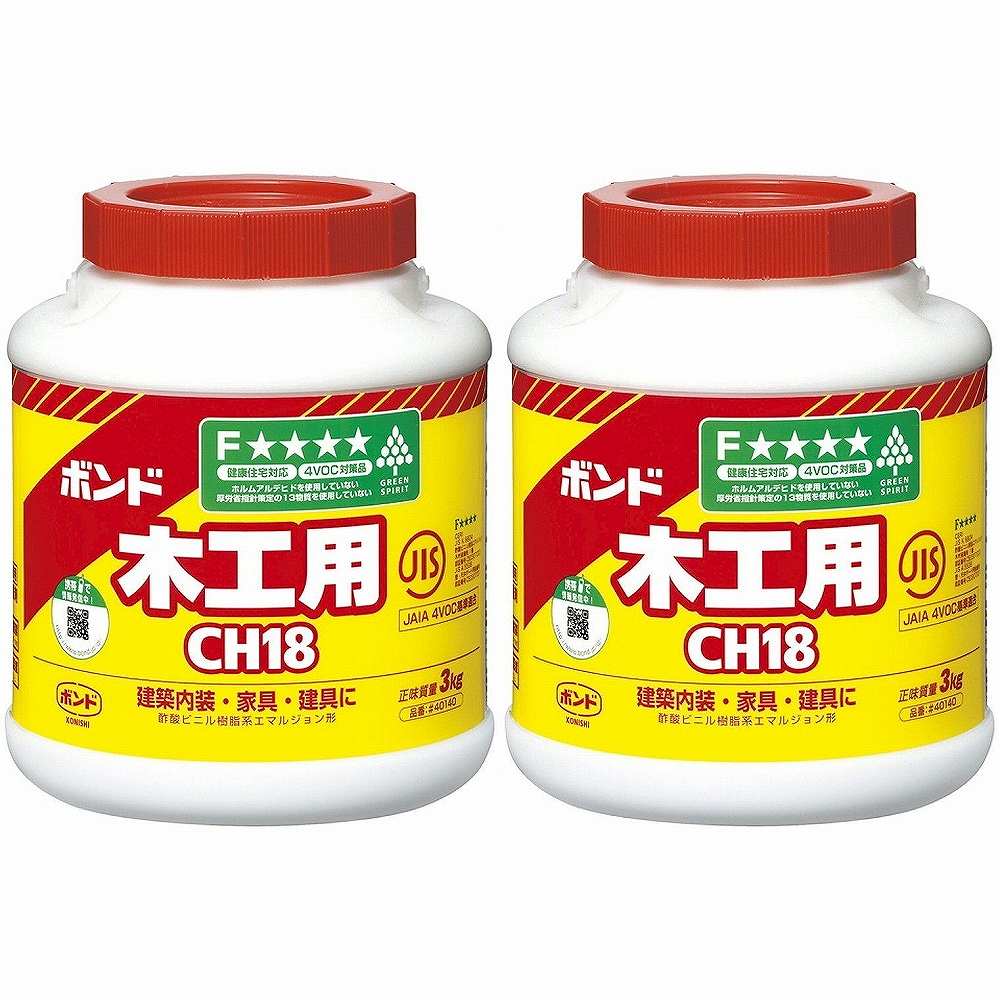 コニシ - ボンド 木工用CH18(3kg) 特長 ●健康住宅対応。●水性、乾燥後ほぼ透明。●乾燥後切削可。●ホルムアルデヒド・フタル酸系可塑剤を使用していない。●学校や工作教室などグループでの木工作業。●日曜大工。●建築内装木工事・木製家具・建具の製作。●額縁の製作。 仕様 ●成分：酢酸ビニル樹脂系エマルジョン形 ご注意 ●用途以外には使用しないで下さい。●目立たない箇所であらかじめ試してからご使用ください。●幼児の手の届くところに置かないでください。●高温多湿、直射日光のあたる所に保管しないでください。●注意事項を必ずお読み下さい。コニシ - ボンド 木工用CH18(3kg) 特長 ●健康住宅対応。●水性、乾燥後ほぼ透明。●乾燥後切削可。●ホルムアルデヒド・フタル酸系可塑剤を使用していない。●学校や工作教室などグループでの木工作業。●日曜大工。●建築内装木工事・木製家具・建具の製作。●額縁の製作。 仕様 ●成分：酢酸ビニル樹脂系エマルジョン形 ご注意 ●用途以外には使用しないで下さい。●目立たない箇所であらかじめ試してからご使用ください。●幼児の手の届くところに置かないでください。●高温多湿、直射日光のあたる所に保管しないでください。●注意事項を必ずお読み下さい。