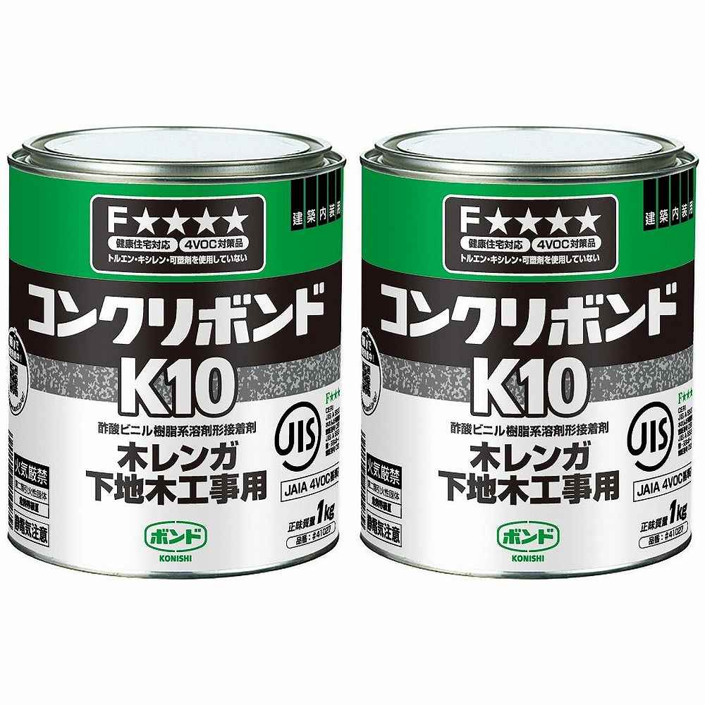 コニシ - ボンド コンクリボンドK10 缶(1kg) 特長 ●健康住宅対応、釘不要、高粘度、初期接着強、発泡スチロールOK。●コンクリート・スレートと発泡スチロール、木レンガ、木、タイル、各種ボードの接着。●モルタル・コンクリートと木レンガ、胴縁、巾木、出入口枠、床組みの接着。●吸音テックス・ハードボード・せっこうボード・発泡スチロールと壁用・天井ボードの接着。●床タイル、ニードルパンチカーペットとコンクリートや木下地の接着。 仕様 ●成分：酢酸ビニル樹脂系溶剤形 ご注意 ●用途以外には使用しないで下さい。●目立たない箇所であらかじめ試してからご使用ください。●幼児の手の届くところに置かないでください。●高温多湿、直射日光のあたる所に保管しないでください。●注意事項を必ずお読み下さい。コニシ - ボンド コンクリボンドK10 缶(1kg) 特長 ●健康住宅対応、釘不要、高粘度、初期接着強、発泡スチロールOK。●コンクリート・スレートと発泡スチロール、木レンガ、木、タイル、各種ボードの接着。●モルタル・コンクリートと木レンガ、胴縁、巾木、出入口枠、床組みの接着。●吸音テックス・ハードボード・せっこうボード・発泡スチロールと壁用・天井ボードの接着。●床タイル、ニードルパンチカーペットとコンクリートや木下地の接着。 仕様 ●成分：酢酸ビニル樹脂系溶剤形 ご注意 ●用途以外には使用しないで下さい。●目立たない箇所であらかじめ試してからご使用ください。●幼児の手の届くところに置かないでください。●高温多湿、直射日光のあたる所に保管しないでください。●注意事項を必ずお読み下さい。