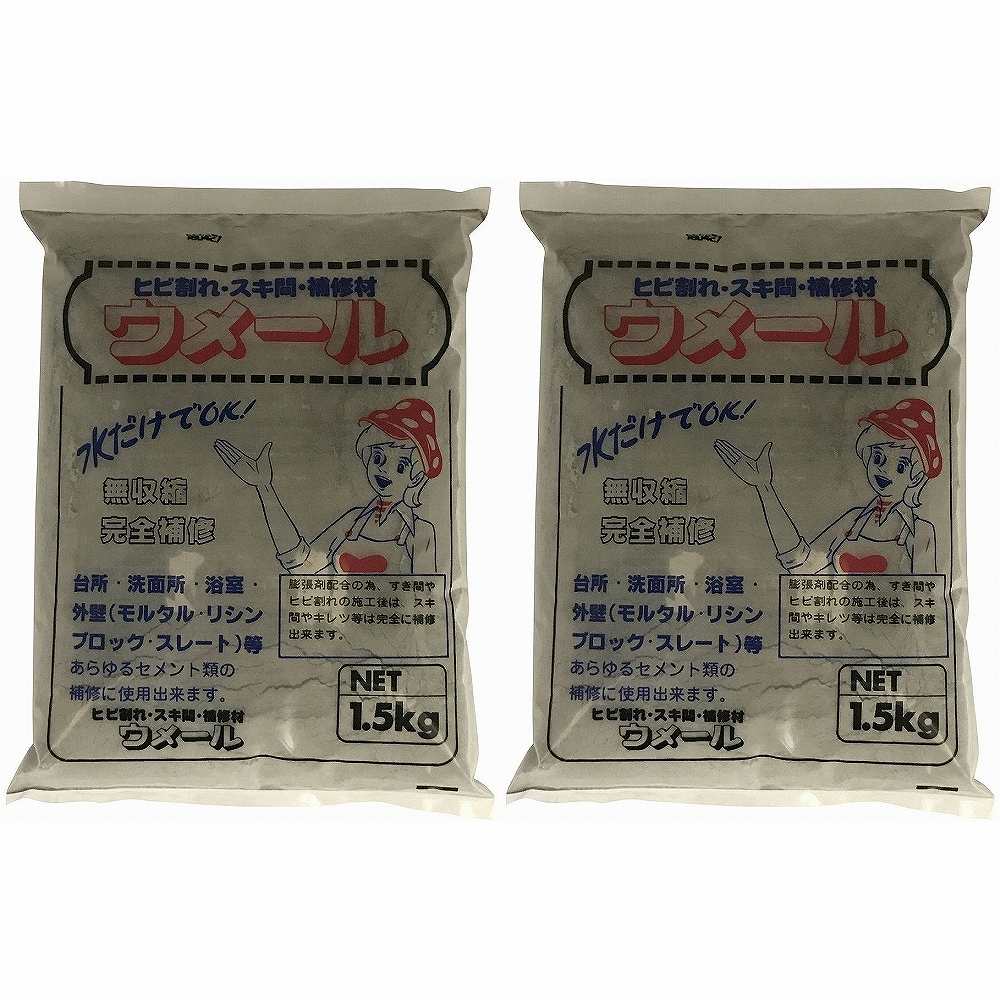 家庭化学工業 - ウメール ヒビ割れ・スキ間・補修材 グレー(1.5kg) 特長 ●膨張剤配合。●無収縮タイプ。 仕様 ●成分：ポルトランドセメント、砂、その他 ご注意 ●セメントは強アルカリ性なので施工時は必ず手袋等を使用してください。家庭化学工業 - ウメール ヒビ割れ・スキ間・補修材 グレー(1.5kg) 特長 ●膨張剤配合。●無収縮タイプ。 仕様 ●成分：ポルトランドセメント、砂、その他 ご注意 ●セメントは強アルカリ性なので施工時は必ず手袋等を使用してください。