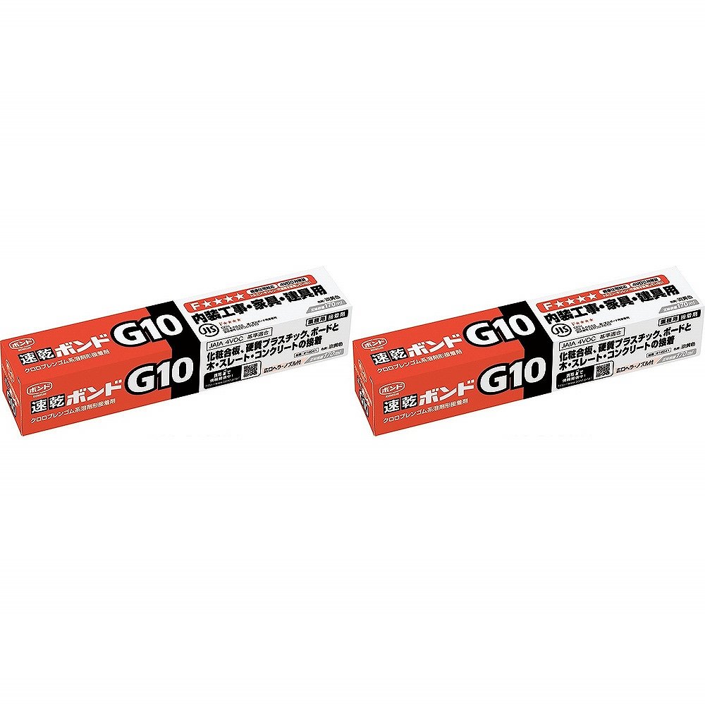 コニシ - ボンド 速乾ボンド G10(170ml) 特長 ●健康住宅対応、速乾、強力、仮止不要。●トルエン・キシレン・可塑剤を使用していない。●内装工事をはじめ、家具・建具の製作用に適している。●速乾ながら、はり合わせ可能時間が長く、広い面積のはり合わせが可能。●初期接着強さを必要とする各種化粧合板、硬質プラスチック・ボード、金属板同士の接着と木材・スレート・PC板・コンクリートの接着。 仕様 ●成分：クロロプレンゴム系溶剤形 ご注意 ●用途以外には使用しないで下さい。●目立たない箇所であらかじめ試してからご使用ください。●幼児の手の届くところに置かないでください。●高温多湿、直射日光のあたる所に保管しないでください。●注意事項を必ずお読み下さい。コニシ - ボンド 速乾ボンド G10(170ml) 特長 ●健康住宅対応、速乾、強力、仮止不要。●トルエン・キシレン・可塑剤を使用していない。●内装工事をはじめ、家具・建具の製作用に適している。●速乾ながら、はり合わせ可能時間が長く、広い面積のはり合わせが可能。●初期接着強さを必要とする各種化粧合板、硬質プラスチック・ボード、金属板同士の接着と木材・スレート・PC板・コンクリートの接着。 仕様 ●成分：クロロプレンゴム系溶剤形 ご注意 ●用途以外には使用しないで下さい。●目立たない箇所であらかじめ試してからご使用ください。●幼児の手の届くところに置かないでください。●高温多湿、直射日光のあたる所に保管しないでください。●注意事項を必ずお読み下さい。