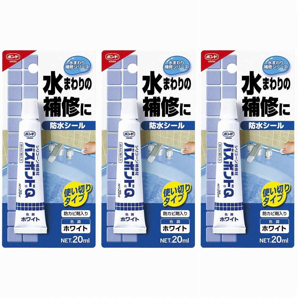 コニシ - ボンド バスボンドQ ホワイト(20ml) 特長 ●ゴム状硬化、密着性、耐水性、耐熱性、耐寒性、耐薬品、押し出し性、防カビ剤入、塗装不可、使いきり容量。●浴室・洗面所のスキ間の防水シール。●浴槽・タイル目地・洗面台・金属製排水管・シャワーヘッドの継ぎ目シール。 仕様 ●成分：アクリル樹脂系エマルジョン形 ご注意 ●用途以外には使用しないで下さい。●目立たない箇所であらかじめ試してからご使用ください。●幼児の手の届くところに置かないでください。●高温多湿、直射日光のあたる所に保管しないでください。●注意事項を必ずお読み下さい。コニシ - ボンド バスボンドQ ホワイト(20ml) 特長 ●ゴム状硬化、密着性、耐水性、耐熱性、耐寒性、耐薬品、押し出し性、防カビ剤入、塗装不可、使いきり容量。●浴室・洗面所のスキ間の防水シール。●浴槽・タイル目地・洗面台・金属製排水管・シャワーヘッドの継ぎ目シール。 仕様 ●成分：アクリル樹脂系エマルジョン形 ご注意 ●用途以外には使用しないで下さい。●目立たない箇所であらかじめ試してからご使用ください。●幼児の手の届くところに置かないでください。●高温多湿、直射日光のあたる所に保管しないでください。●注意事項を必ずお読み下さい。