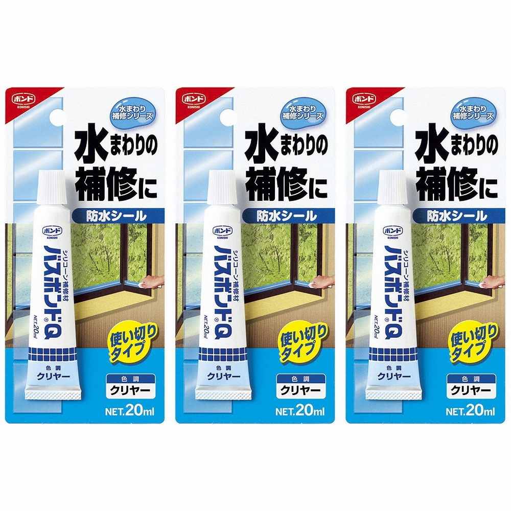 コニシ - ボンド バスボンドQ クリヤー(20ml) 特長 ●ゴム状硬化、密着性、耐水性、耐熱性、耐寒性、耐薬品、押し出し性、塗装不可、使いきり容量。●浴室・ガラスまわりのスキ間の防水シール。●浴槽・窓ガラス・洗面台・飼育用水槽・金属製排水管の継ぎ目シール。 仕様 ●成分：アクリル樹脂系エマルジョン形 ご注意 ●用途以外には使用しないで下さい。●目立たない箇所であらかじめ試してからご使用ください。●幼児の手の届くところに置かないでください。●高温多湿、直射日光のあたる所に保管しないでください。●注意事項を必ずお読み下さい。コニシ - ボンド バスボンドQ クリヤー(20ml) 特長 ●ゴム状硬化、密着性、耐水性、耐熱性、耐寒性、耐薬品、押し出し性、塗装不可、使いきり容量。●浴室・ガラスまわりのスキ間の防水シール。●浴槽・窓ガラス・洗面台・飼育用水槽・金属製排水管の継ぎ目シール。 仕様 ●成分：アクリル樹脂系エマルジョン形 ご注意 ●用途以外には使用しないで下さい。●目立たない箇所であらかじめ試してからご使用ください。●幼児の手の届くところに置かないでください。●高温多湿、直射日光のあたる所に保管しないでください。●注意事項を必ずお読み下さい。