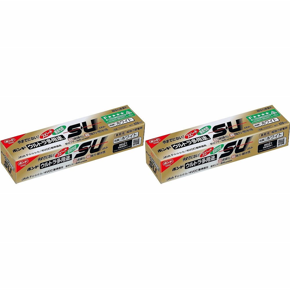 コニシ - ボンド ウルトラ多用途 SU ホワイト(120ml) 特長 ●健康住宅対応、高機能、耐衝撃、弾力性、超速硬化、超強力、用途広い、無溶剤、、耐水性。●金属・硬質プラスチック・木材・コンクリートの強力接着。●広範囲の材料に使える。●屋内外・凹凸面・水まわりでの接着と補修。●フックや表札・プレートなど壁面への接着。●膨張係数の異なる材料同士の接着。 仕様 ●成分：シリル化ウレタン樹脂系無溶剤形 ご注意 ●用途以外には使用しないで下さい。●目立たない箇所であらかじめ試してからご使用ください。●幼児の手の届くところに置かないでください。●高温多湿、直射日光のあたる所に保管しないでください。●注意事項を必ずお読み下さい。コニシ - ボンド ウルトラ多用途 SU ホワイト(120ml) 特長 ●健康住宅対応、高機能、耐衝撃、弾力性、超速硬化、超強力、用途広い、無溶剤、、耐水性。●金属・硬質プラスチック・木材・コンクリートの強力接着。●広範囲の材料に使える。●屋内外・凹凸面・水まわりでの接着と補修。●フックや表札・プレートなど壁面への接着。●膨張係数の異なる材料同士の接着。 仕様 ●成分：シリル化ウレタン樹脂系無溶剤形 ご注意 ●用途以外には使用しないで下さい。●目立たない箇所であらかじめ試してからご使用ください。●幼児の手の届くところに置かないでください。●高温多湿、直射日光のあたる所に保管しないでください。●注意事項を必ずお読み下さい。