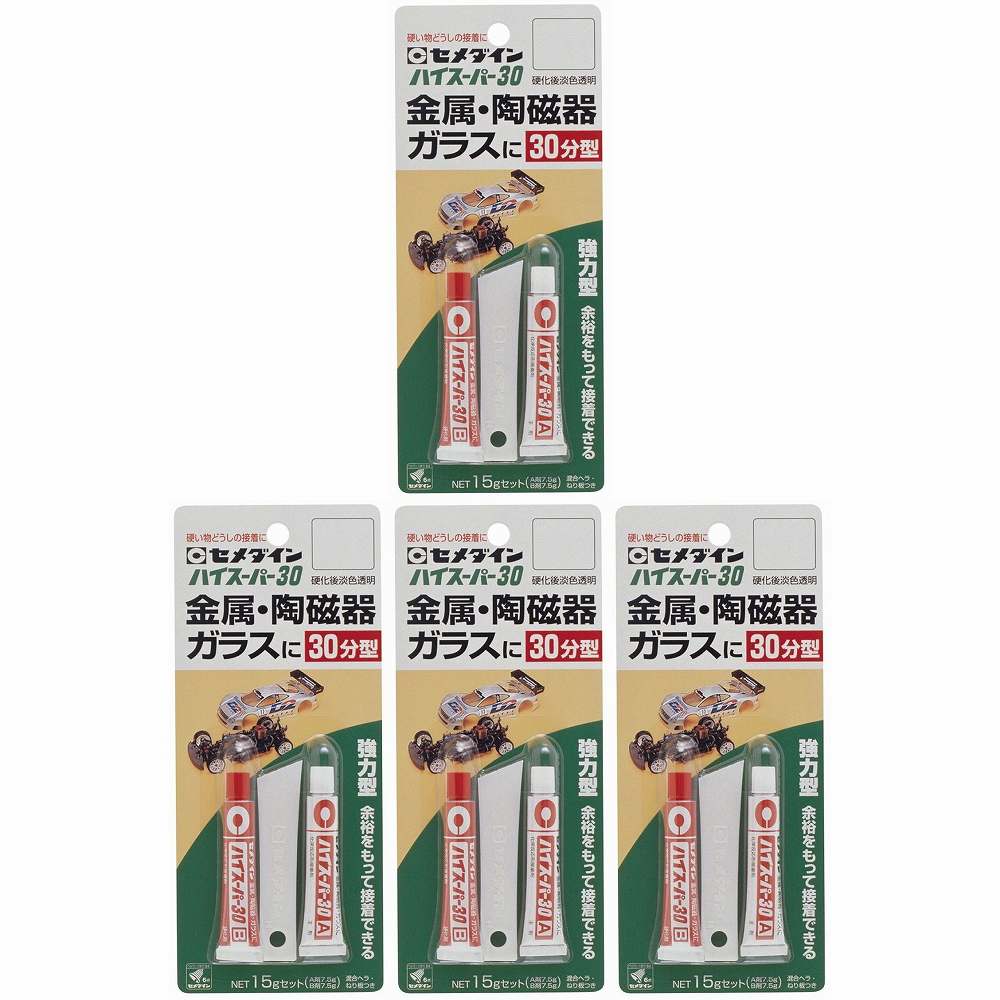 セメダイン - 30分硬化型エポキシ系接着剤 ハイスーパー30(15gセット) - CA-194 特長 ●30分で硬化しはじめるタイプのエポキシ系接着剤です。●接着時間にゆとりがあります。●A液(主剤)をピンクに着色してあり、混合の目安として色が消えるため、大変便利です。●七宝焼などのホビー教室やセミプロの方の使用にお徳です。 仕様 ●A剤：エポキシ樹脂（100％）・B剤：ポリチオール（100％） ご注意 ●用途以外に使用しない。セメダイン - 30分硬化型エポキシ系接着剤 ハイスーパー30(15gセット) - CA-194 特長 ●30分で硬化しはじめるタイプのエポキシ系接着剤です。●接着時間にゆとりがあります。●A液(主剤)をピンクに着色してあり、混合の目安として色が消えるため、大変便利です。●七宝焼などのホビー教室やセミプロの方の使用にお徳です。 仕様 ●A剤：エポキシ樹脂（100％）・B剤：ポリチオール（100％） ご注意 ●用途以外に使用しない。