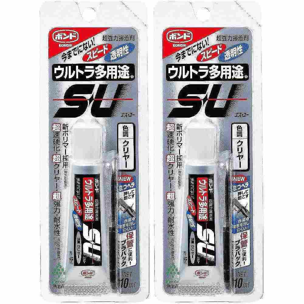 コニシ - ボンド ウルトラ多用途 SU クリヤー(10ml) 特長 ●透明、高機能、耐衝撃、弾力性、超速硬化、用途広い、無溶剤。●金属・硬質プラスチック・木材・コンクリートの強力接着に。●屋内外・凹凸面・水まわりでの接着と補修に。●フックや表札・プレートなど壁面への接着に。●膨張係数の異なる材料同士の接着に。 仕様 ●成分：シリル化ウレタン樹脂系無溶剤形 ご注意 ●用途以外には使用しないで下さい。●目立たない箇所であらかじめ試してからご使用ください。●幼児の手の届くところに置かないでください。●高温多湿、直射日光のあたる所に保管しないでください。●注意事項を必ずお読み下さい。コニシ - ボンド ウルトラ多用途 SU クリヤー(10ml) 特長 ●透明、高機能、耐衝撃、弾力性、超速硬化、用途広い、無溶剤。●金属・硬質プラスチック・木材・コンクリートの強力接着に。●屋内外・凹凸面・水まわりでの接着と補修に。●フックや表札・プレートなど壁面への接着に。●膨張係数の異なる材料同士の接着に。 仕様 ●成分：シリル化ウレタン樹脂系無溶剤形 ご注意 ●用途以外には使用しないで下さい。●目立たない箇所であらかじめ試してからご使用ください。●幼児の手の届くところに置かないでください。●高温多湿、直射日光のあたる所に保管しないでください。●注意事項を必ずお読み下さい。