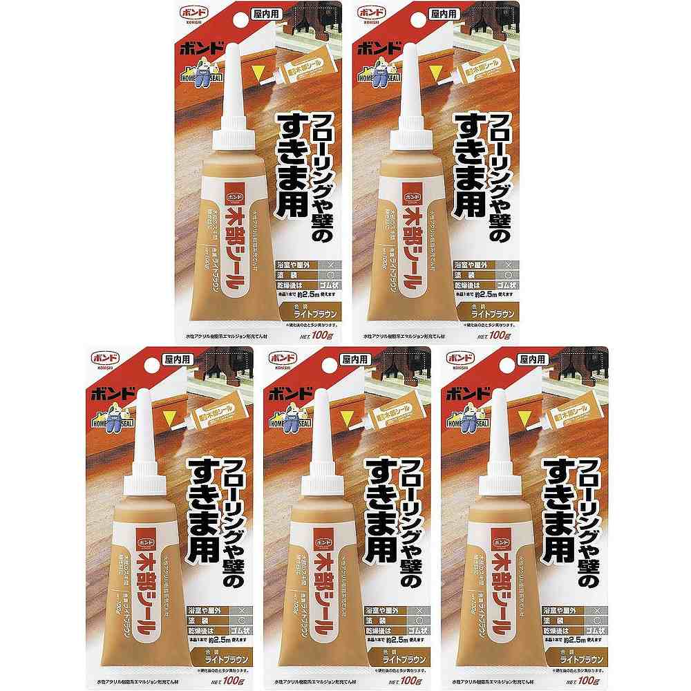 コニシ - ボンド 木部シール ライトブラウン(100g) 特長 ●水性、細部充てん性良好、塗装可。●木質床と巾木のスキ間。●天井とまわり縁のスキ間。●木製サッシまわりのスキ間。●木製家具の割れ部。 仕様 ●成分：アクリル樹脂系エマルジョン形 ご注意 ●用途以外には使用しないで下さい。●目立たない箇所であらかじめ試してからご使用ください。●幼児の手の届くところに置かないでください。●高温多湿、直射日光のあたる所に保管しないでください。●注意事項を必ずお読み下さい。コニシ - ボンド 木部シール ライトブラウン(100g) 特長 ●水性、細部充てん性良好、塗装可。●木質床と巾木のスキ間。●天井とまわり縁のスキ間。●木製サッシまわりのスキ間。●木製家具の割れ部。 仕様 ●成分：アクリル樹脂系エマルジョン形 ご注意 ●用途以外には使用しないで下さい。●目立たない箇所であらかじめ試してからご使用ください。●幼児の手の届くところに置かないでください。●高温多湿、直射日光のあたる所に保管しないでください。●注意事項を必ずお読み下さい。