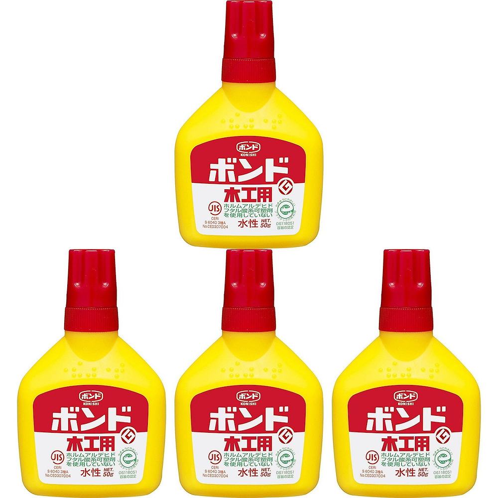 コニシ - ボンド 木工用 ボトル(50g) 特長 ●水性、乾燥後ほぼ透明。●乾燥後切削可。●ホルムアルデヒド・フタル酸系可塑剤を使用していない。●木の接着に幅広く使える。●木工作。 仕様 ●成分：酢酸ビニル樹脂系エマルジョン形 ご注意 ●用途以外には使用しないで下さい。●目立たない箇所であらかじめ試してからご使用ください。●幼児の手の届くところに置かないでください。●高温多湿、直射日光のあたる所に保管しないでください。●注意事項を必ずお読み下さい。コニシ - ボンド 木工用 ボトル(50g) 特長 ●水性、乾燥後ほぼ透明。●乾燥後切削可。●ホルムアルデヒド・フタル酸系可塑剤を使用していない。●木の接着に幅広く使える。●木工作。 仕様 ●成分：酢酸ビニル樹脂系エマルジョン形 ご注意 ●用途以外には使用しないで下さい。●目立たない箇所であらかじめ試してからご使用ください。●幼児の手の届くところに置かないでください。●高温多湿、直射日光のあたる所に保管しないでください。●注意事項を必ずお読み下さい。