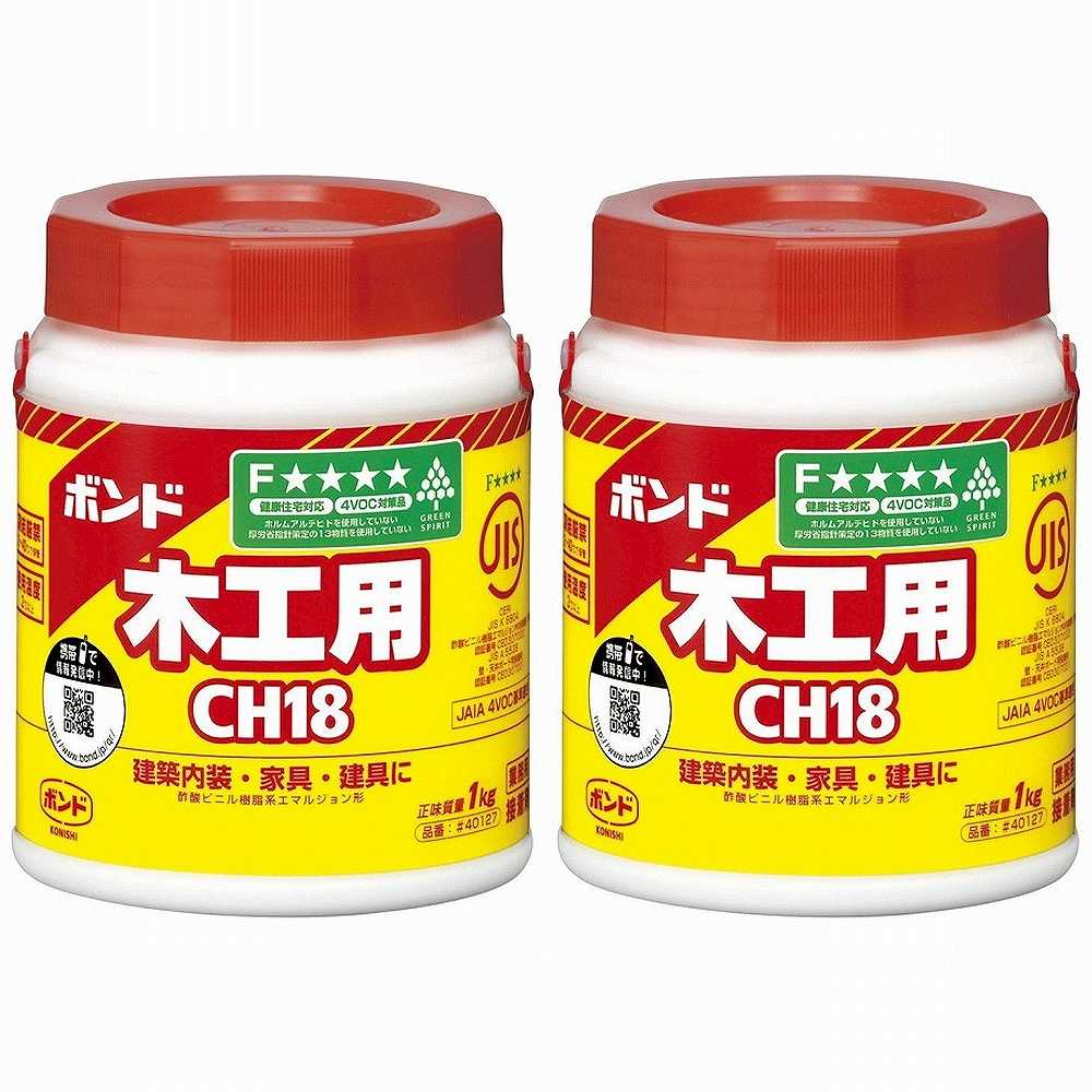 コニシ - ボンド 木工用 CH18 ポリ缶(1kg) 特長 ●健康住宅対応。●水性、乾燥後ほぼ透明。●乾燥後切削可。●ホルムアルデヒド・フタル酸系可塑剤を使用していない。●学校や工作教室などグループでの木工作業。●日曜大工。●建築内装木工事・木製家具・建具の製作。●額縁の製作。 仕様 ●成分：酢酸ビニル樹脂系エマルジョン形 ご注意 ●用途以外には使用しないで下さい。●目立たない箇所であらかじめ試してからご使用ください。●幼児の手の届くところに置かないでください。●高温多湿、直射日光のあたる所に保管しないでください。●注意事項を必ずお読み下さい。コニシ - ボンド 木工用 CH18 ポリ缶(1kg) 特長 ●健康住宅対応。●水性、乾燥後ほぼ透明。●乾燥後切削可。●ホルムアルデヒド・フタル酸系可塑剤を使用していない。●学校や工作教室などグループでの木工作業。●日曜大工。●建築内装木工事・木製家具・建具の製作。●額縁の製作。 仕様 ●成分：酢酸ビニル樹脂系エマルジョン形 ご注意 ●用途以外には使用しないで下さい。●目立たない箇所であらかじめ試してからご使用ください。●幼児の手の届くところに置かないでください。●高温多湿、直射日光のあたる所に保管しないでください。●注意事項を必ずお読み下さい。