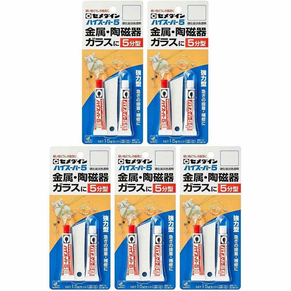 用途金属・陶磁器・ガラスの接着。2液混合型エポキシ系接着剤で、5分で硬化しはじめる急ぎの作業に最適な、スピードタイプです。主剤をブルーに着色してあり、混合の目安として色が消えるため、大変便利です。仕様1●内容量：15gセット(A剤7.5g・B剤7.5g)。●色：硬化後淡色透明。●硬化5分型。材質1●エポキシ樹脂。セット内容付属品●付属品：混合ヘラ・ねり板。