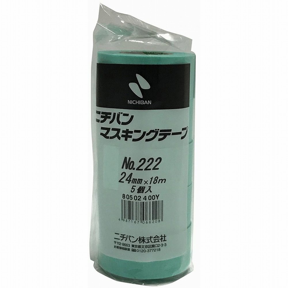 ニチバン　マスキングテープ　222−24　24mm×18m（5巻入り） JAN：4987167066208 メーカー：ニチバン（株） / ブランド：ニチバン / 原産国：日本 特長 ●安定した重ね貼り性で美しい仕上がりです。●優れた手切れ性で作業効率がアップします。●コストパフォーマンスに優れています。 用途 ●車輌塗装用マスキング、各種指示書の仮止めなどに。 仕様 ●色：ミントグリーン●幅(mm)：24●長さ(m)：18●厚さ(mm)：0.089●テープカット条件：手で切断可能●使用温度範囲(℃)：120(30分)●粘着力(N/10mm)：0.87●引張強度(N/10mm)：33.1 仕様（詳細） ●粘着力：0.87N/10mm●引張強度：33.1N/10mm●連続使用温度：120℃(30分) 材質／仕上 ●基材：和紙●粘着剤：アクリル系