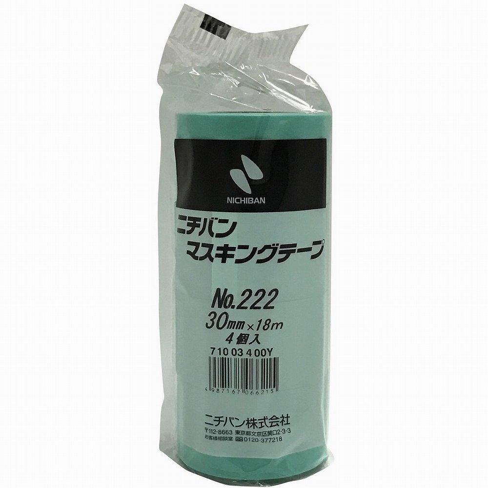 ニチバン　マスキングテープ　222−30　30mm×18m（4巻入り） JAN：4987167066215 メーカー：ニチバン（株） / ブランド：ニチバン / 原産国：日本 特長 ●安定した重ね貼り性で美しい仕上がりです。●優れた手切れ性で作業効率がアップします。●コストパフォーマンスに優れています。 用途 ●車輌塗装用マスキング、各種指示書の仮止めなどに。 仕様 ●色：ミントグリーン●幅(mm)：30●長さ(m)：18●厚さ(mm)：0.089●テープカット条件：手で切断可能●使用温度範囲(℃)：120(30分)●粘着力(N/10mm)：0.87●引張強度(N/10mm)：33.1 仕様（詳細） ●粘着力：0.87N/10mm●引張強度：33.1N/10mm●連続使用温度：120℃(30分) 材質／仕上 ●基材：和紙●粘着剤：アクリル系