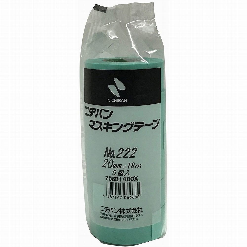 ニチバン　マスキングテープ　222−20　20mm×18m（6巻入り） JAN：4987167066680 メーカー：ニチバン（株） / ブランド：ニチバン / 原産国：日本 特長 ●安定した重ね貼り性で美しい仕上がりです。●優れた手切れ性で作業効率がアップします。●コストパフォーマンスに優れています。 用途 ●車輌塗装用マスキング、各種指示書の仮止めなどに。 仕様 ●色：ミントグリーン●幅(mm)：20●長さ(m)：18●厚さ(mm)：0.089●テープカット条件：手で切断可能●使用温度範囲(℃)：120(30分)●粘着力(N/10mm)：0.87●引張強度(N/10mm)：33.1 仕様（詳細） ●粘着力：0.87N/10mm●引張強度：33.1N/10mm●連続使用温度：120℃(30分) 材質／仕上 ●基材：和紙●粘着剤：アクリル系