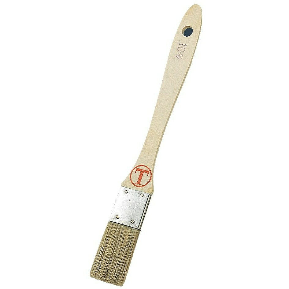 大塚　豚毛　金巻　平　白　10号 JAN：4905533111062 メーカー：大塚刷毛製造（株） / ブランド：大塚 / 原産国：非公開 特長 ●品質の良い豚毛を使用しています。 用途 ●油性塗料、接着剤の塗布用。●油性塗料・ニス用などに。 仕様 ●刷毛幅(mm)：24●毛丈(mm)：40●玉厚(mm)：5●全長(mm)：204●適合塗料：油性塗料●形状：平 材質／仕上 ●毛材:豚毛●柄:木