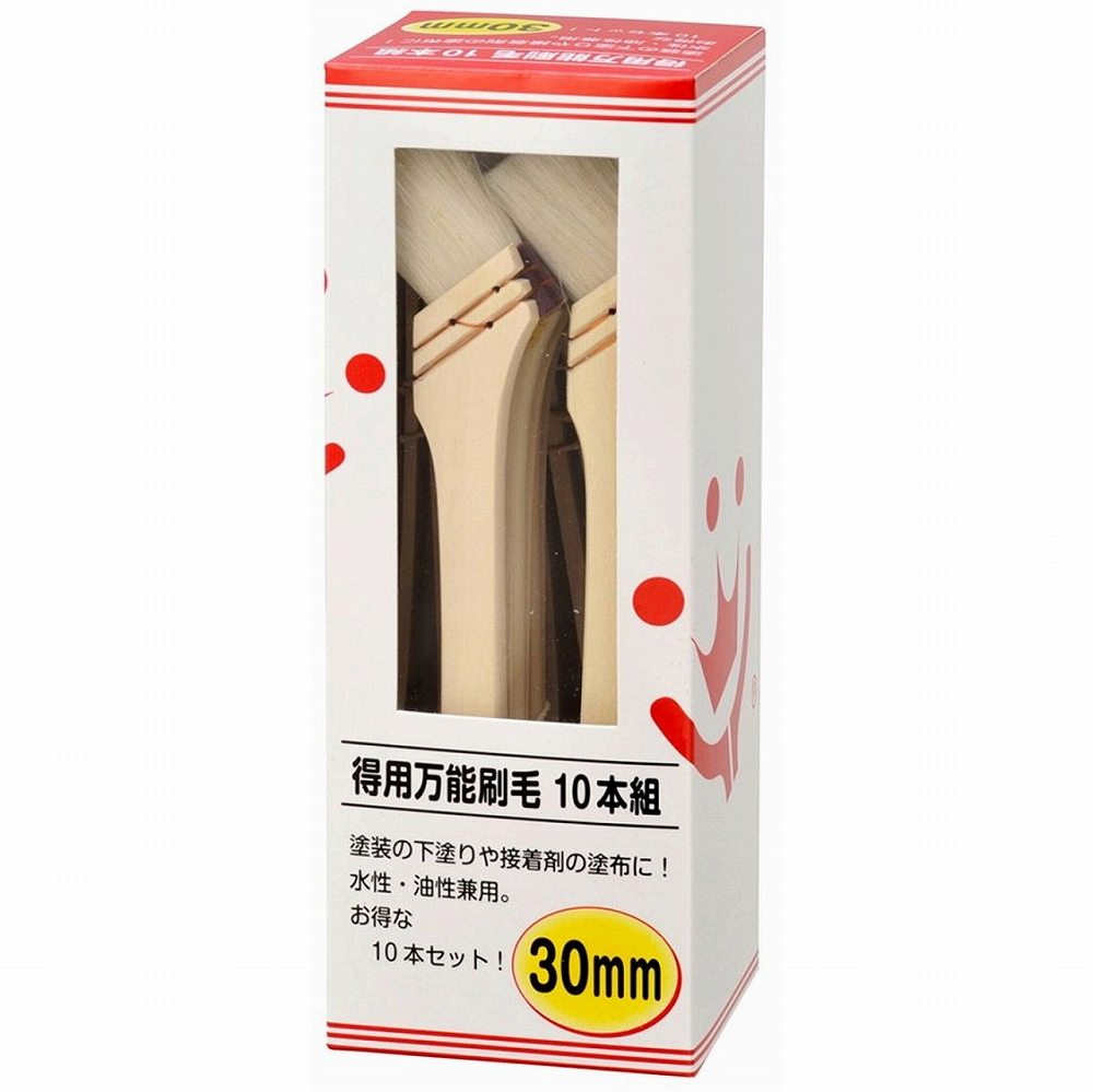 ハンディ・クラウン - 得用 万能刷毛 30mm(10本組) 特長 ●10本入りなので、学校・会社等のイベントなどに最適です。●あらゆる塗装シーンでご使用可能です。●コストパフォーマンスに優れた多用途タイプの刷毛です。 仕様 ●毛材：化繊、山羊毛●柄：木、スチール ご注意 ●用途以外に使用しないでください。●毛払いをしないで使用しますと、抜け毛が塗装面に付着する場合がありますので、手で不要な毛を払ってから、ご使用ください。ハンディ・クラウン - 得用 万能刷毛 30mm(10本組) 特長 ●10本入りなので、学校・会社等のイベントなどに最適です。●あらゆる塗装シーンでご使用可能です。●コストパフォーマンスに優れた多用途タイプの刷毛です。 仕様 ●毛材：化繊、山羊毛●柄：木、スチール ご注意 ●用途以外に使用しないでください。●毛払いをしないで使用しますと、抜け毛が塗装面に付着する場合がありますので、手で不要な毛を払ってから、ご使用ください。