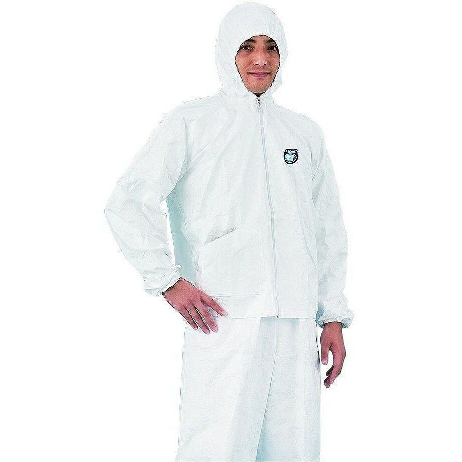 アゼアス　タイベック（R）製　ジャンパー　2010B　Lサイズ JAN：4939399500463 メーカー：アゼアス（株） / ブランド：アゼアス / 原産国：日本 特長 ●動きやすさを優先させるセパレートタイプです。●塗料や油汚れの激しい環境での作業に適しています。●防護服に要求される3つの要素：バリア性、耐久性、快適性のバランスに優れ、低発じん性・低帯電性・耐水性を有したタイベック(R)を使用しています。 用途 ●塗装や塗料噴霧、自動車修理に。 仕様 ●色：白●サイズ：L●適合身長(cm)：158〜170●適合胸囲(cm)：84〜104●箱入数(着)：100●タイプ：ジャンパー 仕様（詳細） ●JIS T 8115タイプPB(6)適合品●使い捨てタイプ●袖口、裾脇ゴム入り●フードひも入り●右前ポケット付 材質／仕上 ●タイベック［［R下］］(ポリエチレン) ご注意●耐熱性、防炎性はありません。●デュポン(TM)、タイベック(R)、DuPont(TM)、Tyvek(R)　は、米国デュポン社の関連会社の商標又は登録商標です。