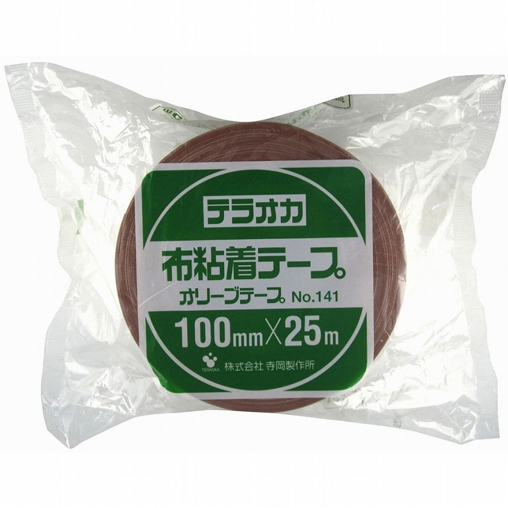 TERAOKA　オリーブテープ　NO．141　100mm×25M JAN：4964833141100 メーカー：（株）寺岡製作所 / ブランド：TERAOKA / 原産国：日本 特長 ●手切れ性も備えた業界最厚手の重梱包用布テープです。●コシのある布に強力な粘着剤を厚く塗布したタイプです。●ざらざらした面にも良くつき、手で簡単に切れます。 用途 ●重梱包用途に。 仕様 ●色：ダンボール●幅(mm)：100●長さ(m)：25●厚さ(mm)：0.37●粘着力(N/10mm)：4.32●引張強度(N/10mm)：74.52●粘着力(N/25mm)：10.79●引張強度(N/25mm)：186.3 仕様（詳細） ●粘着力：4.32N/10mm●引張強度：74.52N/10mm●芯径：3インチ(76mm)●手で切断可能 材質／仕上 ●基材：スフ●粘着剤：ゴム系