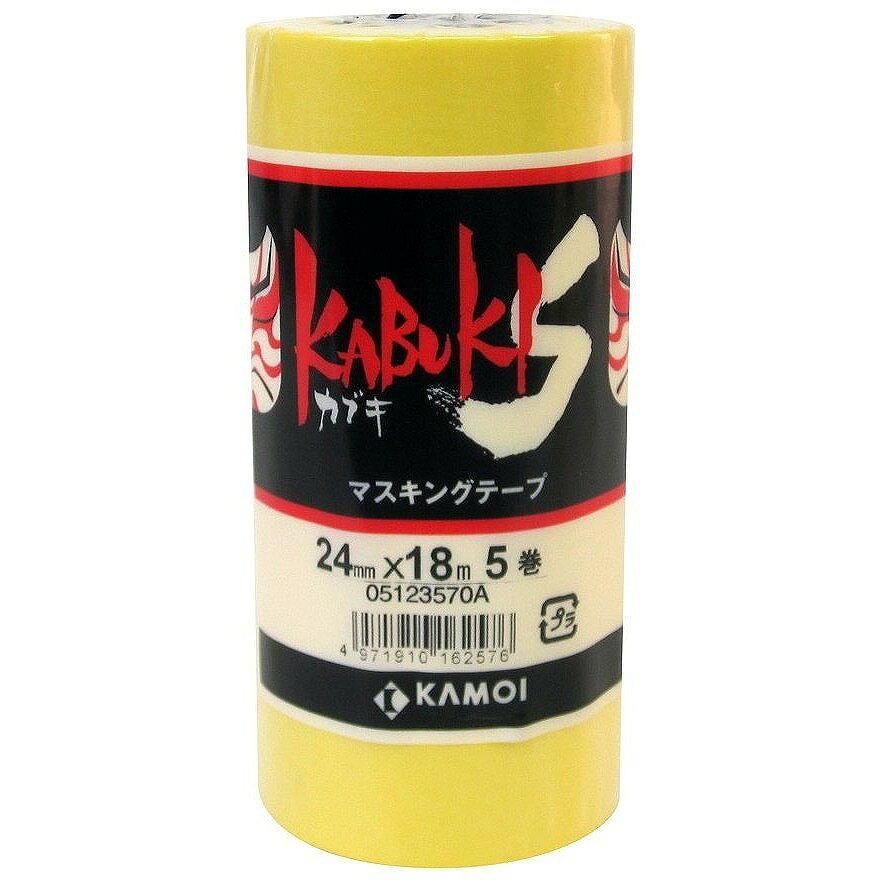 カモ井　マスキングテープ車両塗装用（5巻入り）JAN：4971910162576メーカー：カモ井加工紙（株） / ブランド：カモ井 / 原産国：日本特長●しっかり付いて、テープの浮きが少なく重ね貼りに強いタイプです。●巻き戻しが軽く作業性が良好です。用途●車輌、建築、工業向け全般の塗装用。仕様●色：イエロー●幅(mm)：24●長さ(m)：18●厚さ(mm)：0.09仕様（詳細）●粘着力：1.79N/10mm●引張強度：29.1N/10mm●連続使用温度：100℃(30分)●手で切断可能材質／仕上●基材:和紙●粘着剤:アクリル系