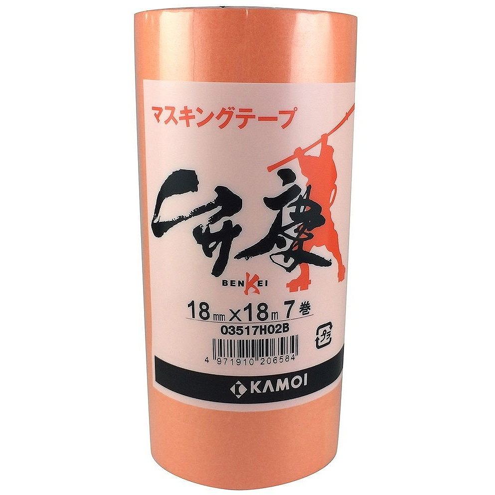 カモ井　マスキングテープ　（7巻入）JAN：4971910206584メーカー：カモ井加工紙（株） / ブランド：カモ井 / 原産国：日本特長●強靭な基材で剥がす際に紙切れしにくいです。●強粘着で、浮き・剥がれが起こりにくいです。●直線性に優れ、見切りが良いです。●被着体に良くなじみ、重ね貼りが良い用途●建築塗装用。仕様●色：オレンジ●幅(mm)：18●長さ(m)：18●厚さ(mm)：0.09仕様（詳細）●粘着力：2.30N/10mm●引張強度：34.4N/10mm●手で切断可能材質／仕上●基材:和紙●粘着剤:アクリル系