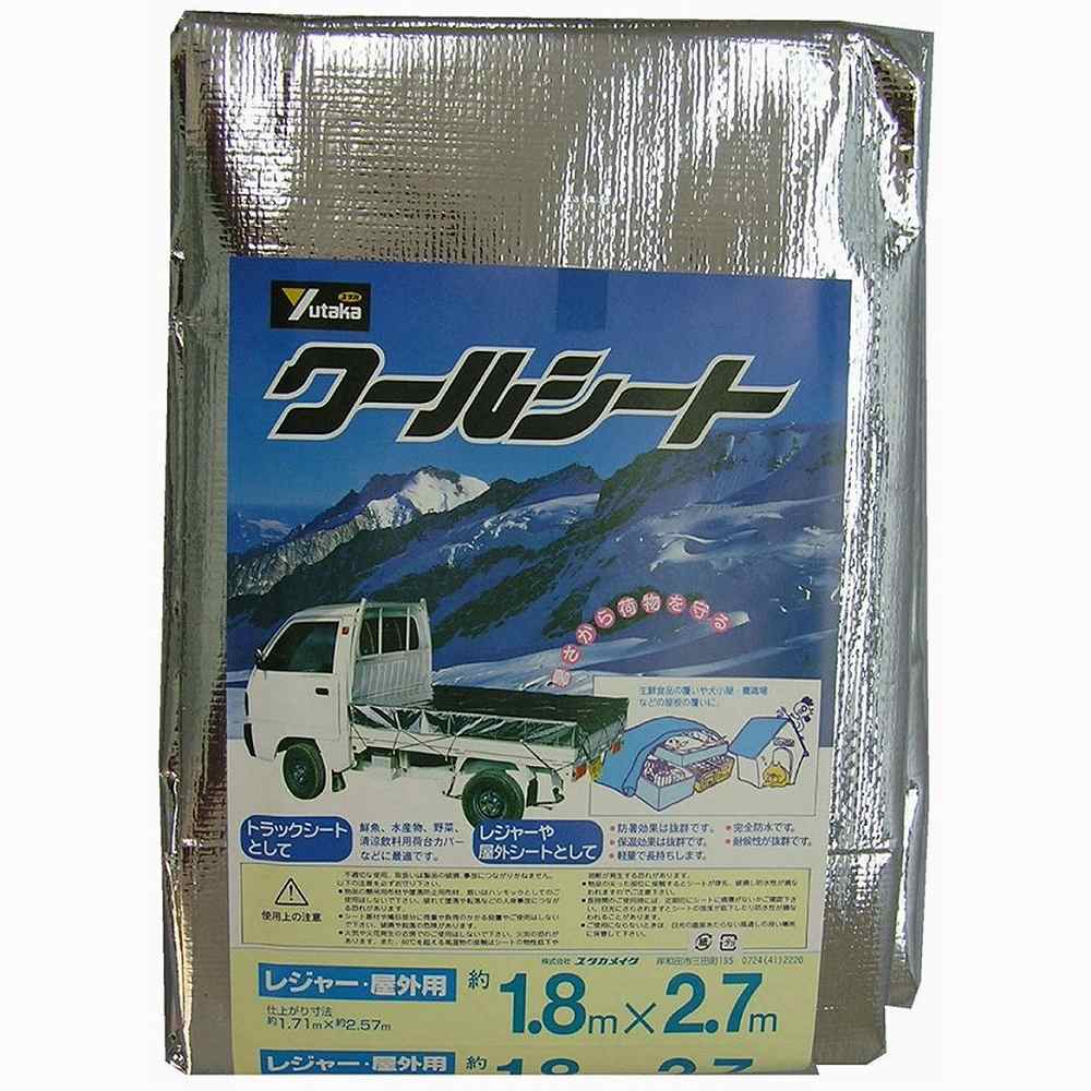 ユタカメイク　シート　クールシート　1．8m×2．7mJAN：4903599052404メーカー：（株）ユタカメイク / ブランド：ユタカメイク / 原産国：日本特長●太陽光線を反射して、シートの内側を保冷・保温します。用途●夏場の防暑用や、冬季の保温用カバーとして。仕様●幅(m)：1.71●長さ(m)：2.57●厚さ(mm)：0.25●ハトメ数(個)：10●ハトメピッチ(cm)：90仕様（詳細）●厚さ：0.25mm材質／仕上●シート：ポリエチレン+アルミ蒸着フィルム●ハトメ：アルミニウム