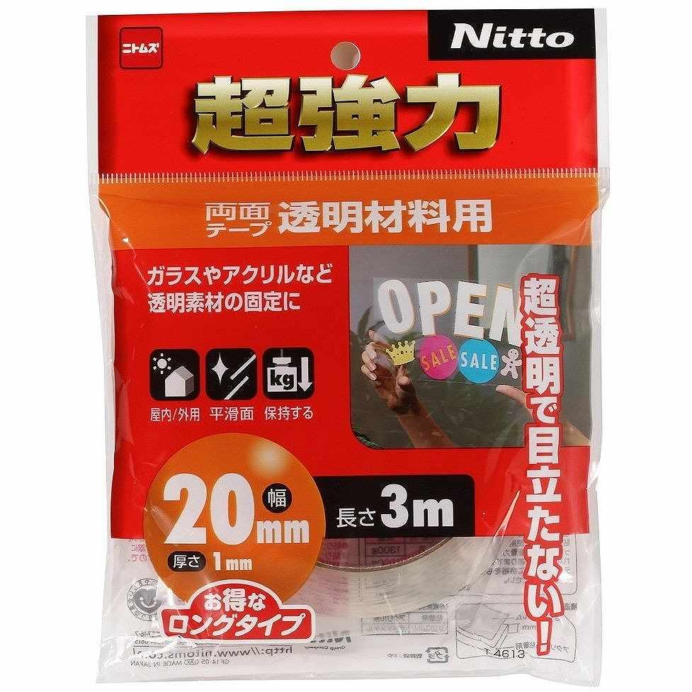 特長●超透明で目立たない基材なので透明素材の接着に最適です。用途●ガラスやアクリルなど透明素材の固定に。仕様●幅(mm)：20●長さ(m)：3●厚さ(mm)：1●色：透明仕様2●粘着力：7.56N/10mm材質／仕上●基材：アクリル●粘着剤...