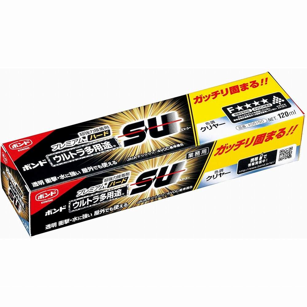 コニシ　ボンドウルトラ多用途SUプレミアムハード　120ml　透明 JAN：4901490051502 メーカー：コニシ（株） / ブランド：コニシ / 原産国：日本 特長 ●金属、コンクリート等、硬い素材の接着に最適です。●新ポリマー（シリル化ウレタン樹脂）を採用し、固着スピードと透明性を飛躍的に向上させました。●超速硬化・強力・耐久性に優れています。●無溶剤タイプです。●ポリエチレン、ポリプロピレンには、接着しません。 用途 ●金属、木材、コンクリート、ステンレス同士の接着。●硬質プラスチック同士の接着。 仕様 ●色：クリヤー●容量(ml)：120 仕様（詳細） ●チューブタイプ 材質／仕上 ●主成分:シリル化ウレタン樹脂