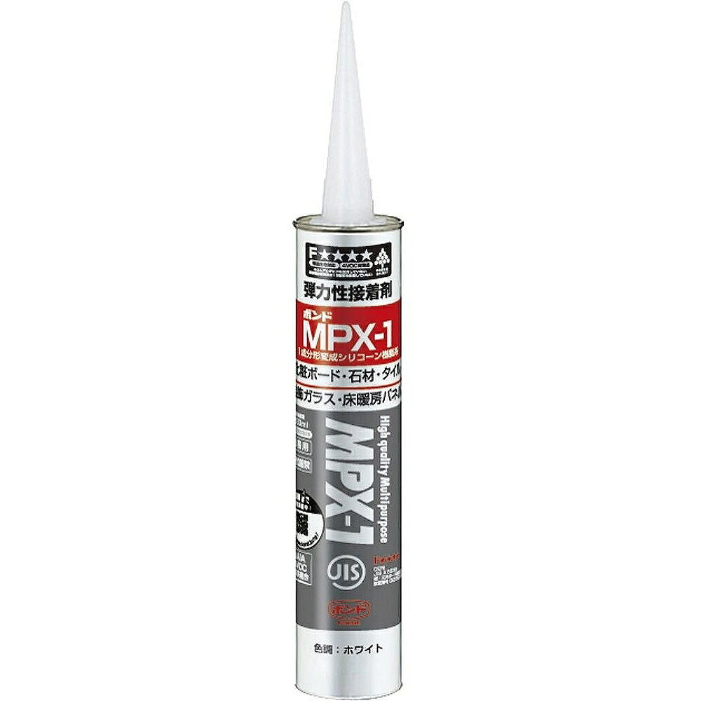 コニシ　ボンドMPX−1　ホワイト　333ml（カートリッジ） JAN：4901490578788 メーカー：コニシ（株） / ブランド：コニシ / 原産国：日本 特長●各種下地材、化粧材への接着性に優れています。●硬化後も弾力性を保持し、耐振動性にも優れています。●JIS F☆☆☆☆規格品です。●日本接着剤工業会JAIA 4VOC基準適合品です。 用途●各種キッチンパネルと下地材の接着に。●熱膨張係数の異なる材料の接着に。 仕様●色：ホワイト●容量(ml)：333 仕様（詳細）●使用温度範囲：-40〜90℃●ガンタイプ 材質／仕上●主成分:変成シリコーン樹脂