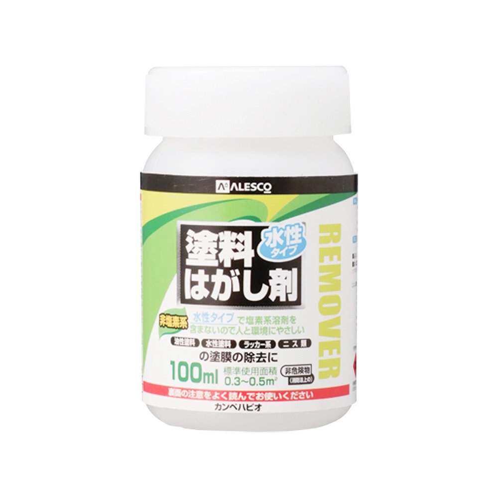 用途屋内外の鉄部・木部・コンクリート・スレートに塗られ塗膜。水性塗料、油性塗料、ラッカー系塗料、ニスなど各種塗料。機械油、接着剤。塗れない物自動車・高級家具・各種プラスチック・ゴム・コーティングされたガラス・レンズに塗られた塗膜 アスファルト上の塗膜や復層からなる塗膜だけをはがす事はできません。 焼付塗料、エポキシ樹脂系塗膜のはく離は難しい。 ※使用前に目立たないところでお試しいただき、素材への影響などをご確認ください。特長●非塩素系溶剤(ジクロロメタン)を含まない人体や環境に配慮した塗料はがし剤。乾燥時間約5〜30分塗り面積（）約 0.3〜0.5塗り重ね回数